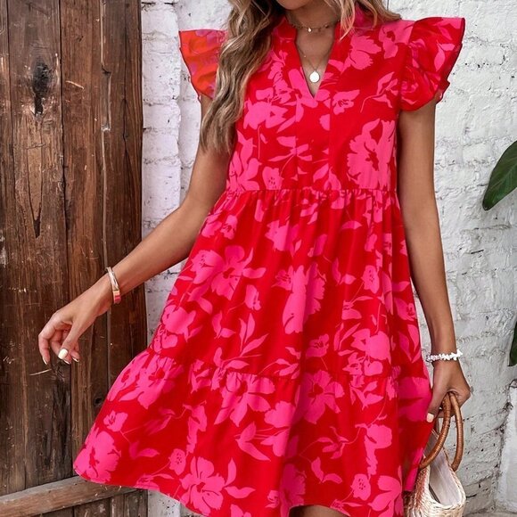 Red Boho Womens Floral Print Butterfly Sleeve Ruffle Hem Smock Dress - Picture 1 of 5